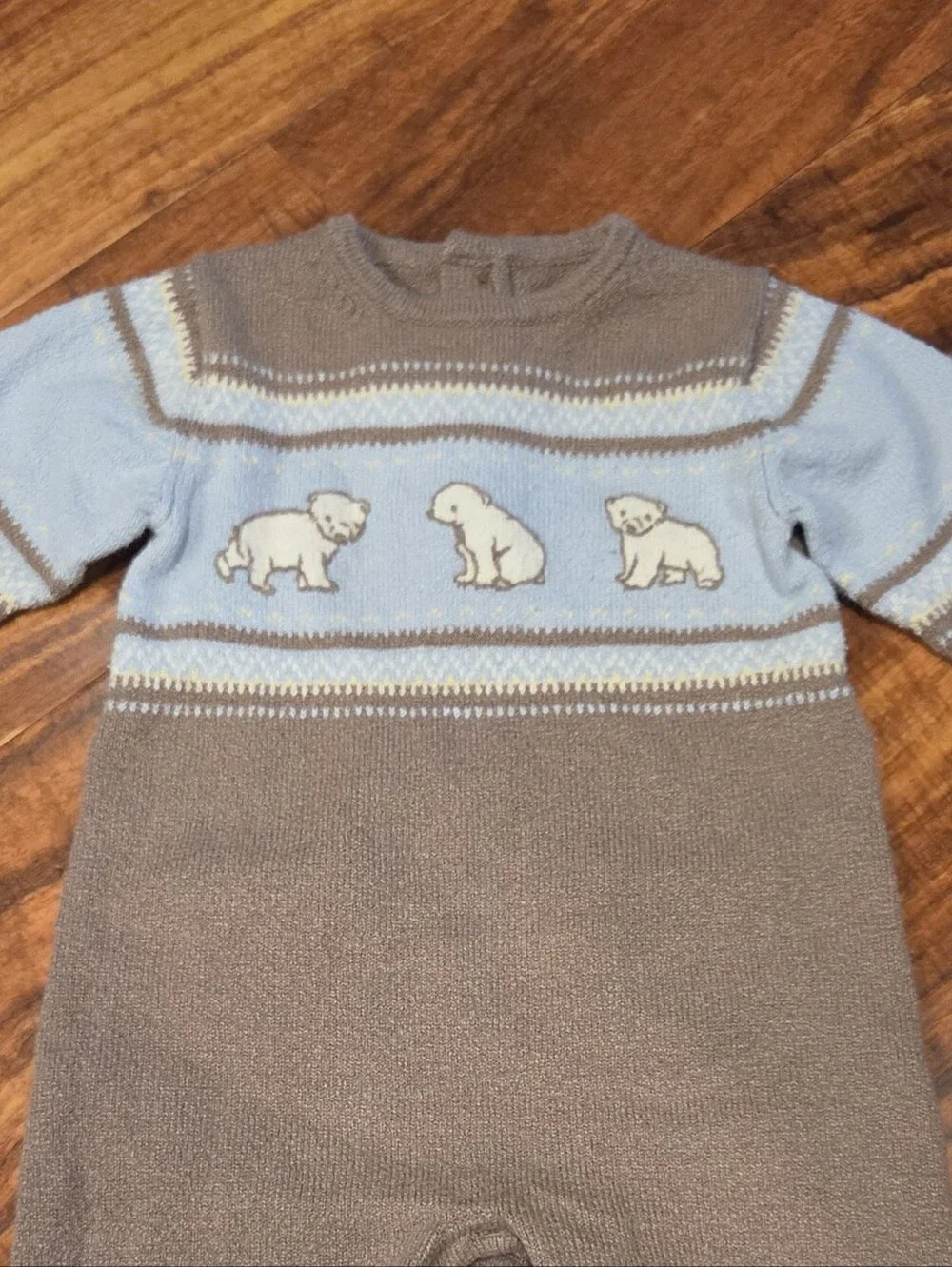Janie and Jack EUC Tan/Blue Polar Bear One-Piece Sweater Romper